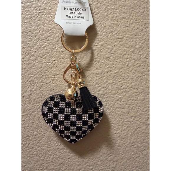 Fashion Jewelry Accessories - Black White Checkered Rhinestone Heart Keychain Tassel Gold Bell KC471X043
